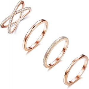 Kahfl-4 Pcs En Acier Inoxydable Empilable Bague De Mariage Anneaux Femmes Cz Criss Cross Anneau Fille Fiançailles Éternité Knuckle Mi Anneau Ensemble Argent/Or Rose - Neuf