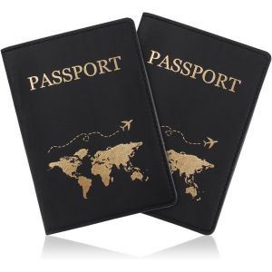 CAUC-Porte-passeport, portefeuille de voyage en cuir synth&eacute;tique avec plusieurs emplacements, &eacute;tui fin pour passeport, portefeuille avec motif dor&eacute; pour passeport, cartes de visite, Noir + noir - Neuf