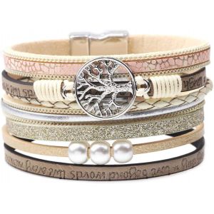 Kal-Bracelet Pour Homme Et Femme En Cuir Rétro Mode Poignet En Acier Maille Fermoir Magnétique Arbre De Vie Tressé Cuir Bracelet - Neuf