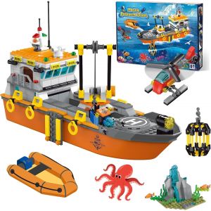 City Ocean Explorer Ensemble De Construction De Bateau D'Exploration Amusant Avec Lumi&egrave;res Led, H&eacute;licopt&egrave;re, Sous-Marin, Cage De Requin, Anniversaire Pour Gar&ccedil;ons Et Filles De 6, 8, 10, 12 - Neuf