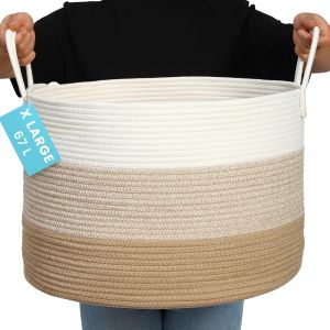 MEVRONISSHOP-panier de rangement 50x33 cm, corde coton 3 tons miel, avec poign&eacute;es, id&eacute;al pour linge sale, jouets ou organisation maison - Neuf