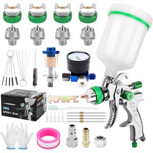 MEVRONISSHOP-HVLP Professionnel Pistolet &agrave; Peinture &agrave; Alimentation par Gravit&eacute; avec 4 Buses - 1,4mm & 1,7mm & 2,0mm & 2,5mm, Pistolet &agrave; Peinture Air Comprim&eacute; Kit avec Pot en Plastique de 600 ML (Vert - Neuf