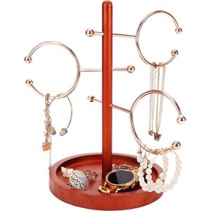 Nbgcm-Presentoir Bijoux Bois À 4 Niveaux - Hauteur 26,5 Cm - Porte Bijoux Pour Bracelet, Collier, Bagues, Montres & Boucles D¿Oreilles - Socle De Rangement En Bois & Crochets En Métal - Neuf