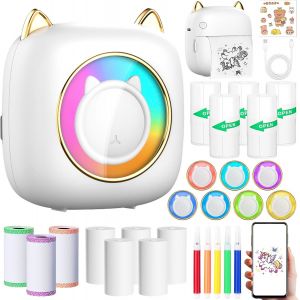 Mini Imprimante Thermique, Imprimante Photo Portable avec 14 Rouleaux de Papier, Imprimante Intelligente Bluetooth pour iOS&Android,Imprimantes de Poche Portable pour D'étiquettes,Images,Blanc - Neuf