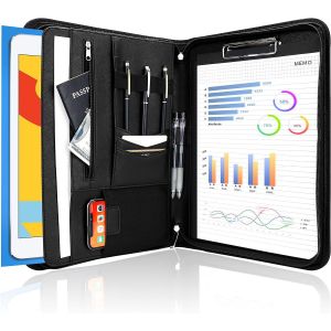 JEXNOVASHOP-Portfolio A4 en Simili Cuir, Porte Documents avec Papiers &Eacute;crit, Porte Bloc-notes pour Record de R&eacute;union/RDV Affaires, Portefeuille A4 Zipp&eacute;e, L&eacute;g&egrave;re Durable -Noir - Neuf