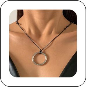 Collier De Corde Noir Gothique Collier Ras Du Cou Vintage Collier Pendentif Cercle Creux Collier Breloque Minimaliste Collier Corde Ajustable Bijoux Pour Femmes Et Filles - Neuf
