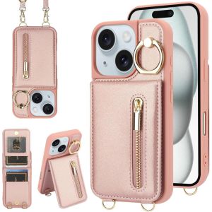 Maa-Coque Pour Iphone 13/14 Coque Etui Avec Sangle Réglable Portefeuille En Cuir Anti-Rfid Pochette Magnétique Flip Case Étui Cover Housse Protection Avec Anneau-Rose - Neuf