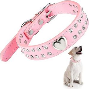 Cristal Collier Pour Chien À Strass Collier De L'animal Bling Chiot Collier Coeur Clouté En Cuir Pu Collier Pour Chien Réglable Collier Rose Pour Les Petites Et Moyennes Chiens, Taille S - Neuf