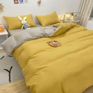 Hjlian Parure De Lit En Coton Lave, Couleur Unie, Housse De Couette, Taie D'oreiller, Chaude Et Respirante, Beige, 1,8 M, Quatre Pieces - Neuf