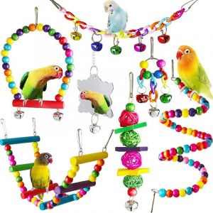 Paquet De 7 Jouets Pour Perroquets En Bois, Cage À Jouets Pour Oiseaux, Accessoires Pour Oiseaux, Pont À Suspension, Cloches À Boule, Ensemble De Fournitures Pour Animaux De Compagnie--7pcs - Neuf
