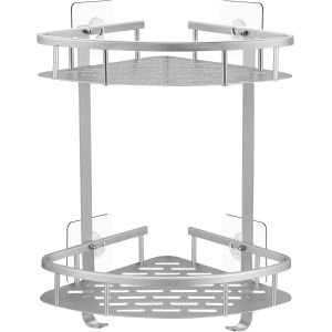 Etagere Douche sans Percage d'angle - Etagere Salle de Bain sans Percage Angle - Adhesif Étagère Rangement Salle de Bain, Murale, Aluminium, 2 Niveau Organisateur Salle de Bain Argent Mat - Neuf