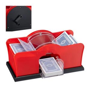Relaxdays M&eacute;langeur de cartes, manuel, 2 jeux, avec manivelle, pour cartes &agrave; jouer jusqu&iquest;&agrave; 91 mm, plastique, rouge/noir - Neuf