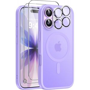 JGD-5 in 1 Magn&eacute;tique Coque pour iPhone 17 avec 2 Verres Tremp&eacute;s et 2 Cam&eacute;ra Protecteur, Compatible MagSafe Dos Anti Rayures &Eacute;tui Antichoc TPU Bumper Housse pour iPhone 17 6,3"" - Violet Clair - Neuf