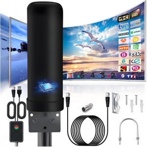 MEVRONISSHOP-Antenne TV Int&eacute;rieur Ext&eacute;rieure Puissante, IP66 Antenne TNT Anti-Foudre R&eacute;ception &agrave; 360 &deg; avec Amplificateur Signal Booster et C&acirc;ble Coaxial de 13m pour DVB-T DVB-T2 1080P 4K VHF UHF DTM - Neuf