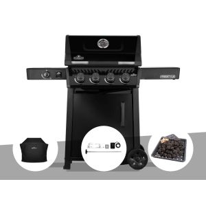 Barbecue gaz Freestyle 425 noir 4 br&ucirc;leurs + 1 r&eacute;chaud lat&eacute;ral + Housse de protection + R&ocirc;tissoire + Plateau charbon - Napol&eacute;on - Neuf