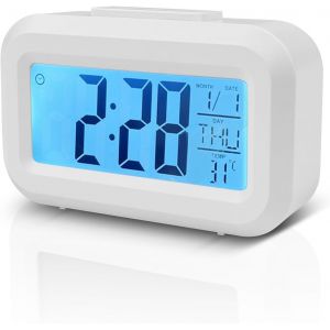 KALANKA-Horloge Numérique, Reveil Numerique, Alarm Réveil LED avec Fonction Snooze, Réveil Horloge Digitale sans Tic-Tac avec Affichage Date, Température, Horloge de Bureau à Piles (Blance) - Neuf