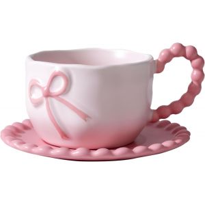 350 Ml Rose Noeud Tasse &Agrave; Caf&eacute; Porcelaine Caf&eacute; Th&eacute; Mug Mignon C&eacute;ramique Tasse Avec Noeud Et Anse Set De Tasses &Agrave; Caf&eacute; Avec Soucoupe - Neuf