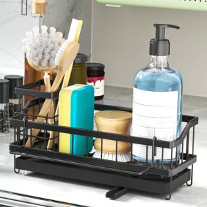 KALANKA-Organiseur d'&eacute;vier, Porte Eponge Evier Cuisine en Acier Inoxydable avec Porte Brosse Amovible, S&eacute;parateur Amovible, Rangement et Organisation de Cuisine, Noir - Neuf