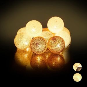 Kal-10024370_880 Guirlande Lumineuse Led, 10 Boules Coton, Fonction Piles, Lumières D`Ambiance, Sphères Ø6 Cm, Blanc-Gris-Marron, Polystyrène, 160 Cm - Neuf