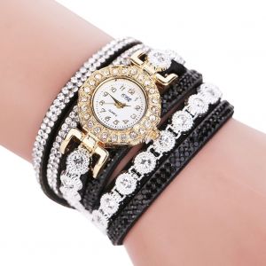Montre A Quartz Ccq Pour Femme, Bracelet En Daim Multicouche, Strass, Tendance (Noir) - Neuf