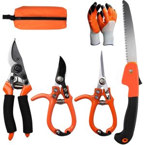 Ulteronixshop-Lot de 6 s&eacute;cateurs avec s&eacute;cateur Bypass - S&eacute;cateur de jardin - S&eacute;cateur &agrave; arbre - Scie - Gants - Sac de rangement - S&eacute;cateur manuel pour plantes - Neuf