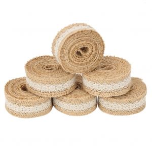 Lot de 6 rouleaux de toile de jute de 2 m avec ruban en dentelle et jute pour decoration de mariage - Neuf