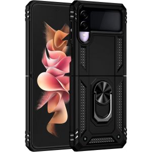 Kal-Coque Pour Samsung Galaxy Z Flip3 5g, Etui Protection Tpu/Pc Souple Durable Avec Support De 360° Rotation Anneau Antichoc Armor Box Coque, Noir - Neuf