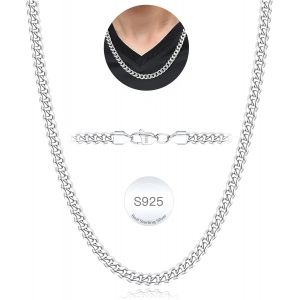 Kal-S925 Cha&icirc;ne Cubaine Argent Sterling 3 Mm/5 Mm D'&eacute;paisseur Pour Homme Cha&icirc;ne Or Argent&eacute; Pour Hommes Robuste Collier Cha&icirc;ne Gourmette Hypoallerg&eacute;nique Bijoux Pour Homme 18/20/22/24 Pouces - Neuf