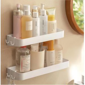 SUBZONAL-Lot de 2 Etagère Douche, Serviteur de Douche Sans Perçage, Etagere Murale avec 6 Crochets Amovibles, pour Salle de Bain, Cuisine, Blanc - Neuf