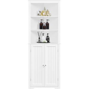 SUBZONAL-Meuble/Armoire Rangement Salle de Bain, Meuble d'angle Toilette Haute Blanche avec Placards Tablettes R&eacute;glables et 3 &Eacute;tag&egrave;res 60 x 31,5 x 163 cm Salon Chambre Cuisine - Neuf