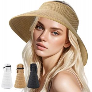 3 Pcs Chapeau De Paille Pour Femme,Chapeau Paille À Large Bord Pour Femme,Soleil Visière De,Plage Vide Large,Uv Pour Plage,Piscine,Camping,Voyages(Noir) - Neuf