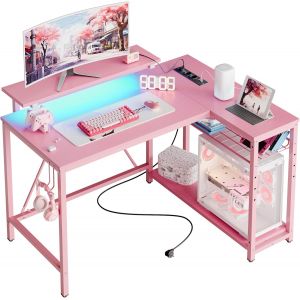 SUBZONAL-Petit Bureau Gaming en L 106 cm &iquest; avec Prise, Port USB, LED, &Eacute;tag&egrave;re & Support Moniteur, R&eacute;versible pour Chambre ou Setup Gamer, Rose - Neuf