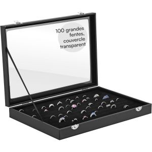 Grande Boite A Bijoux Femme Homme - Rangement Presentoir Pour 100 Bague Et Boucle D'oreille En Bois Doublure Velours Avec Couvercle - Bo&icirc;te &Agrave; Bijoux Transparente - Neuf