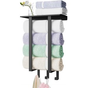 Sept-Bethom Porte Serviette Salle De Bain Noir, 50 Cm Porte Serviette Murale Rangement Serviette Avec &Eacute;tag&egrave;re Et 3 Crochet Acier Inoxydable Support Serviette Salle De Bain Pour Les Serviettes 3 Enrou - Neuf