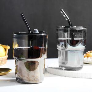 Eryi-Lot De 2 Verre À Eau Avec Couvercle Et Paille, 400ml Tasse À Jus, Tasses En Verre À Café Glacé, Verre À Boire Pour Jus, Café Glacé, Smoothie, Cocktail (Gris) - Neuf