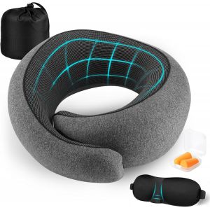 Oreiller De Voyage Pour Avion, Coussin De Nuque Pour Voyage Mousse À Mémoire Oreiller De Voyage Avec Masque Pour Les Yeux Bouchons D'oreille Sac De Transport Inclus,Convient Pour Avion/Voiture/Bureau - Neuf