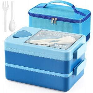 Bento Lunch Box, Double Couche Bo&icirc;te &Agrave; D&eacute;jeuner Avec 4 Compartiments, Bo&icirc;te &Agrave; Lunch Avec Couverts, R&eacute;cipient De Sauce Et Sac Lsotherme, Pour Pique-Niques Travail &Eacute;cole, 2000ml De Grande Capacit&eacute; - Neuf