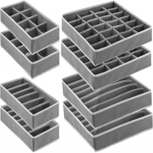 Lot de 8 Organiseurs de Tiroirs,Separateur Tiroirs,Rangement Sous Vetement,4 Tailles,Pliable,en Tissu,pour Soutiens Gorge,Chaussettes,Cravates,Gris - Neuf