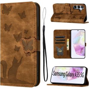 Kal-Housse Protection Pour Samsung Galaxy A35 Mat&eacute;riau En Cuir Pu Coque Samsung A35 5g Avec Fentes Pour Cartes &Eacute;tui Motif Papillon Chat Coque Samsung A35 Brun - Neuf