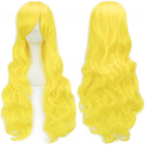 Kalanka-80cm Longue Perruque De Cosplay De Cheveux Naturels Boucl&eacute;s Avec Une Frange Color&eacute;e Halloween Costume Party Perruques Pour Les Femmes (Fluorescent Jaune) - Neuf