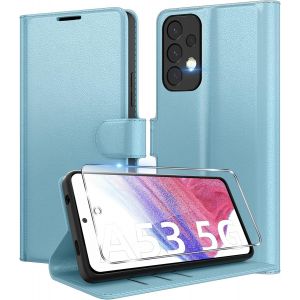 SJZG-Coque Pour Samsung Galaxy A53 5G + 1 Verre Tremp&eacute; Protection &Eacute;cran,[Housse Premium En Cuir Pu][Fentes Pour Cartes][Pochette De Portefeuille],Etui &Agrave; Rabat Pour Samsung A53 - Bleu - Neuf