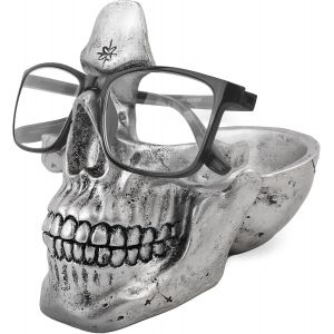 CAUC-Porte-lunettes t&ecirc;te de mort, Porte-lunettes fantaisie avec plateau de rangement pour table de nuit, Sculpture t&ecirc;te de mort en r&eacute;sine, D&eacute;cor de bureau pour la maison Cadeau (Argent) - Neuf