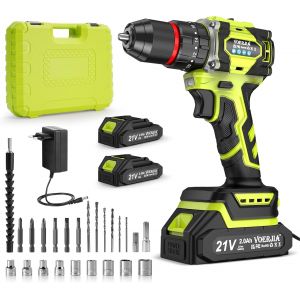 VornixorSarlshopPerceuse Visseuse Sans Fil 21V, Perceuse Percussion Brushless 60Nm, 2 Batteries 2000mAh, 21+3 Couples, Mandrin 10mm, 2 Vitesses, LED, 29 Accessoires et Coffret - Neuf