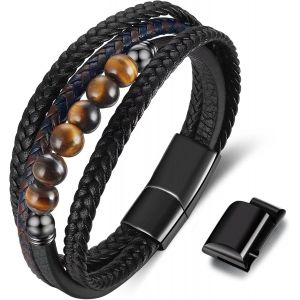 Kalanka-Bracelet Pierre En Cuir Noir - Bracelet Pour Homme - Bijoux Cadeau 22.5cm - Neuf