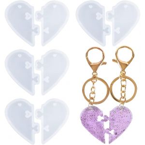 4 Paires De Puzzle Coeur R&eacute;sine Moule Couple Coeur Porte - Cl&eacute;s Silicone Moule Split Coeur Bijoux Moule De Fonderie Amour Epoxy Moule Bricolage Artisanat Pendentif Charme - Neuf