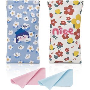 Kathlelxh-Etui Lunettes, 2 Pièces Cuirs Pochette Lunettes Avec 2 Pièces Tissu De Lunettes Etui Lunettes Soleil À Fermeture Automatique Mignon Motifs Floraux Etui Lunettes Souple Femme[H1391] - Neuf