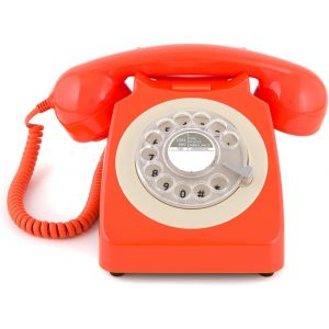746 T&eacute;l&eacute;phone Fixe R&eacute;tro De Style Ann&eacute;es 1970 &Agrave; Cadran Rotatif - Cordon Extansible, Sonnerie Authentique - Orange - Neuf