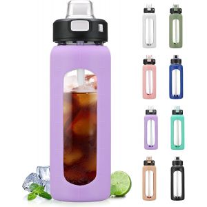 Eryi-700ml Bouteille D'eau En Verre Avec Poignée Et Paille Bouteille D'hydratation Avec Manchon En Silicone Et Marquage Du Temps Gourde De Motivation Pour Gym Sport Extérieur Anti-Fuite, Violet - Neuf