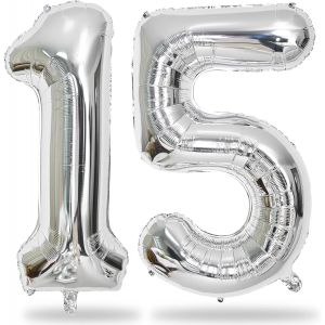 SJZG-Ballon En Forme De Chiffre 15 Argenté - Grand Ballon En Aluminium En Forme De Chiffre - Taille Xxl - Décoration D'Anniversaire Pour Fille De 15 À 51 Ans - Décoration D'Anniversaire Pour Femme - Neuf
