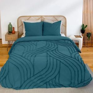 Parure De Lit - Housse De Couette 220x240 Cm + 2 Taies D'oreiller 63x63 Cm Motif G&eacute;om&eacute;trique - 100% Coton Lav&eacute; - Courbes Bleues - Neuf